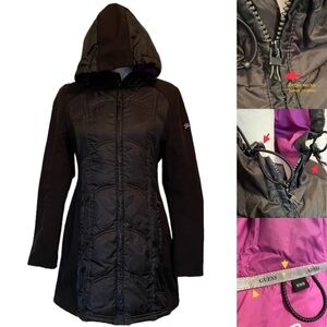 Guess Mid-Length Black Hooded Winter Zip-Up Jacket Women’s Medium